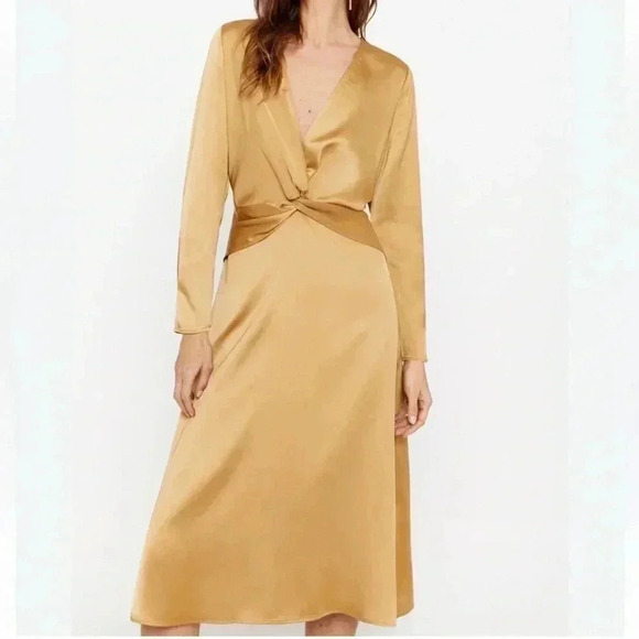 [XS]Zara Knotted V-Neck Satin Effect  Midi Dress in Gold Casual Elegant Women - Picture 2 of 16